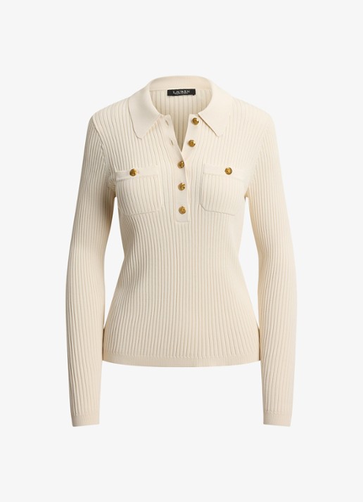Ralph Lauren Ribgebreide trui met opgestikte zakken - voorkant 2 mascarpone crème / crème