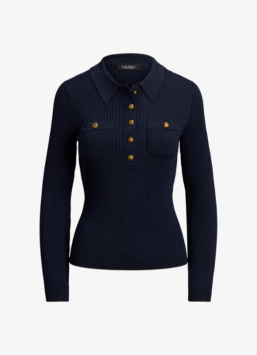 Ralph Lauren Ribgebreide trui met opgestikte zakken - voorkant 4 lauren navy / blauw