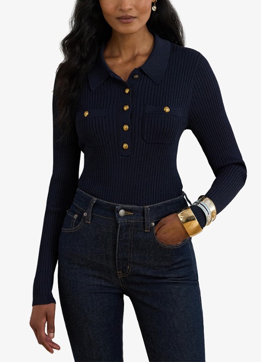 Ralph Lauren Ribgebreide trui met opgestikte zakken - voorkant 5 lauren navy / blauw