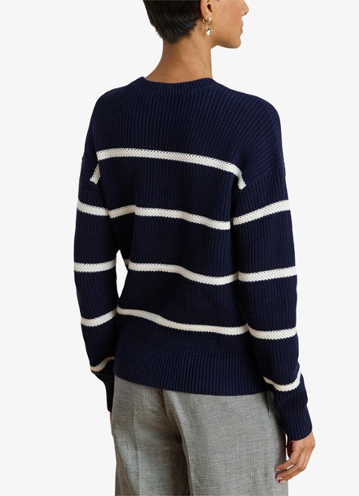 Ralph Lauren Ribgebreide trui met streepprint - achterkant 4 donkerblauw