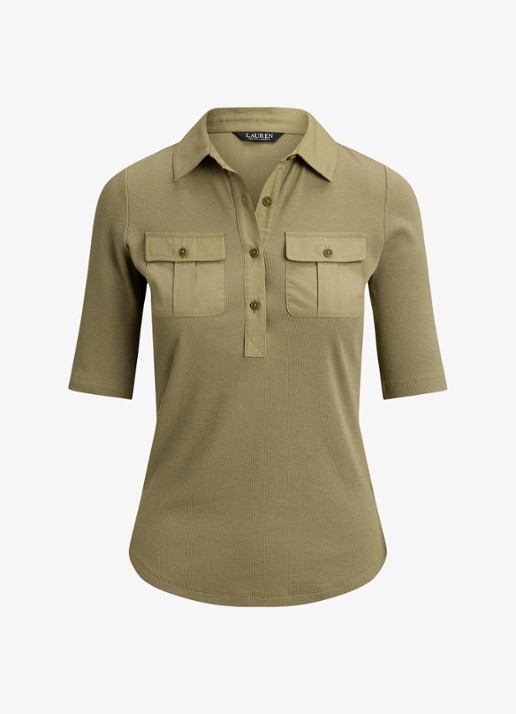 Ralph Lauren Ribgrebreide top met borstzakken - voorkant light agave / groen