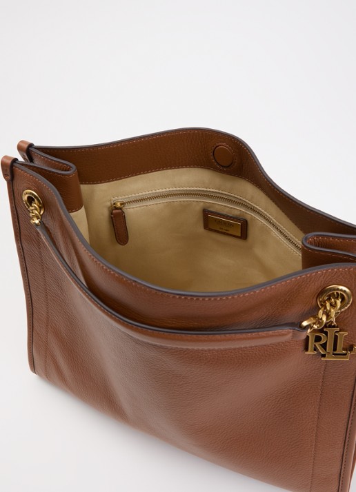Ralph Lauren Schoudertas van leer - detail 2 cognac