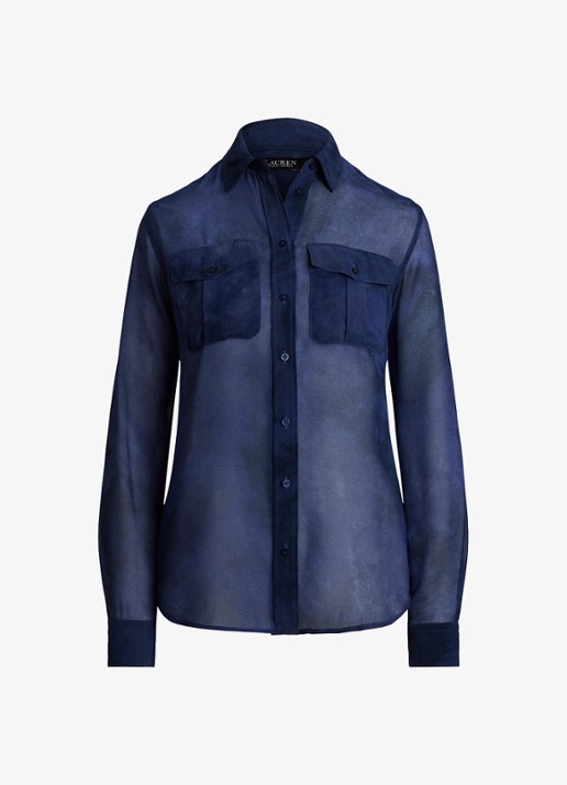 Ralph Lauren Semi-transparante blouse met borstzakken - voorkant 4 blue multi / blauw