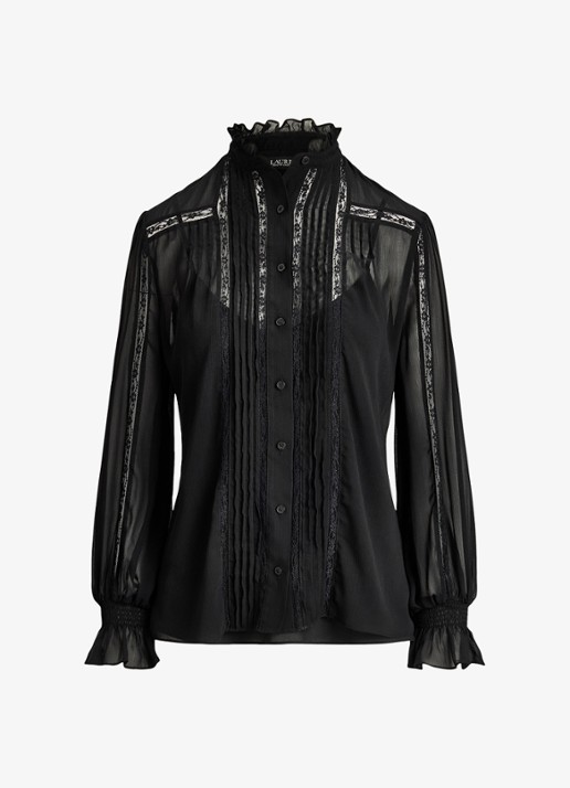 Ralph Lauren Semi-transparante blouse met ruches - voorkant 2 zwart