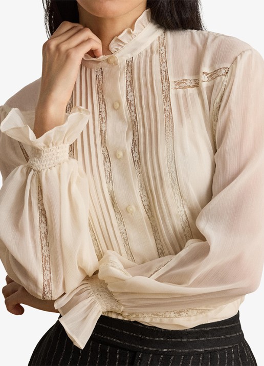 Ralph Lauren Semi-transparante blouse met ruches - detail 2 mascarpone crème / crème