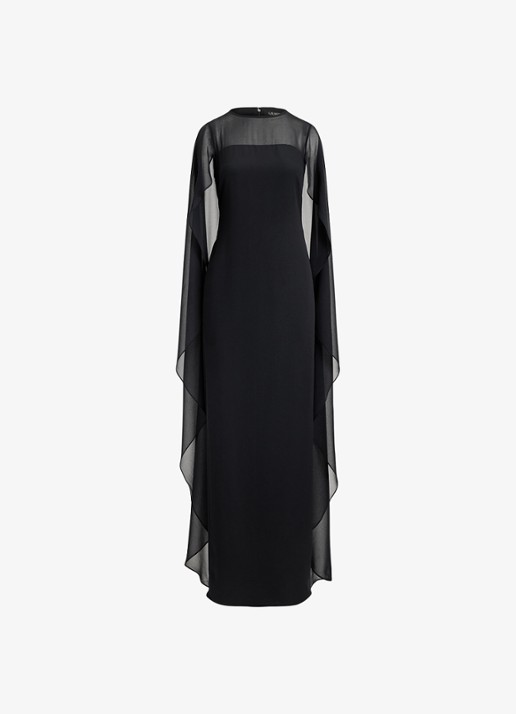 Ralph Lauren Semi-transparante maxi jurk met cape - voorkant zwart