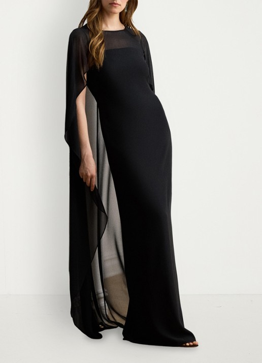 Ralph Lauren Semi-transparante maxi jurk met cape - voorkant 2 zwart