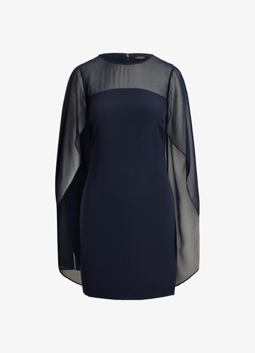 Ralph Lauren Semi-transparante mini jurk met cape - voorkant 2 lauren navy / blauw