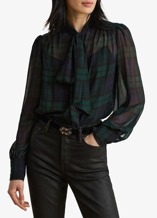 Ralph Lauren Semi-transparante tuniek met ruitdessin en sjaalkraag