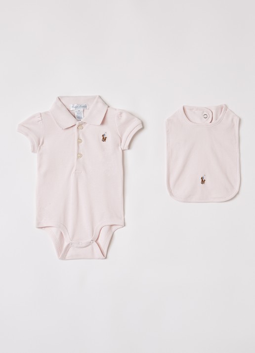 Ralph Lauren Set van romper met muts en slab in giftbox 3-delig - voorkant lichtroze