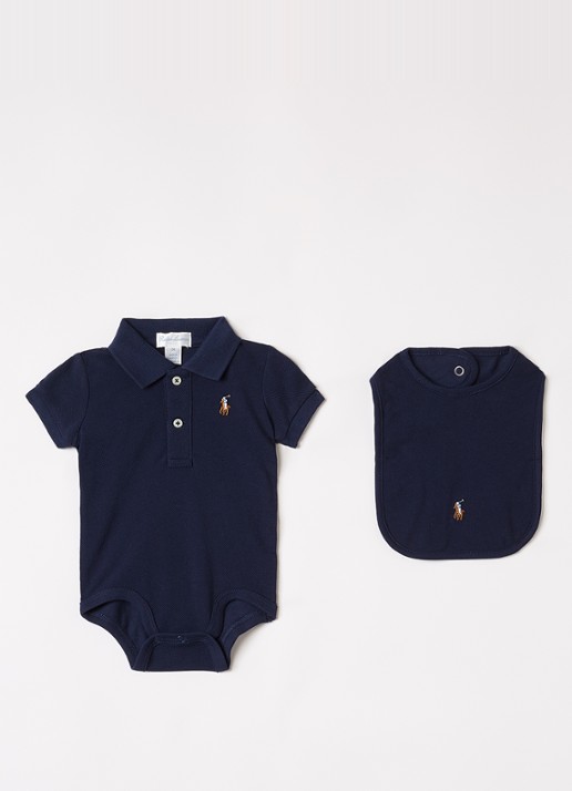 Ralph Lauren Set van romper met muts en slab in giftbox 3-delig - voorkant 2 donkerblauw