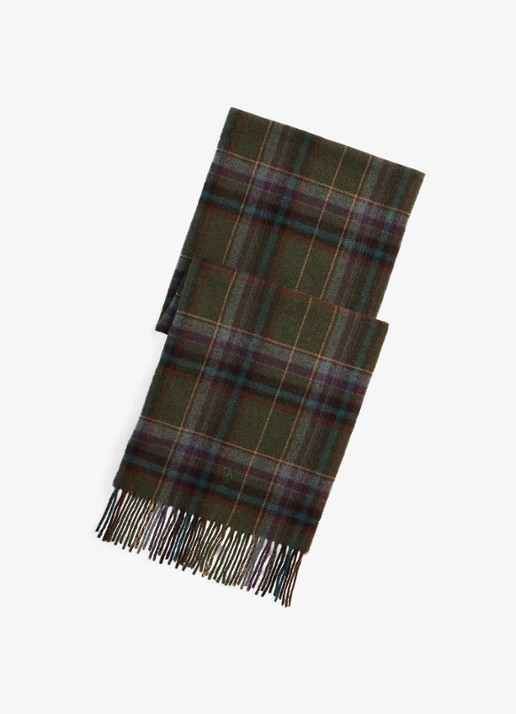 Ralph Lauren Sjaal van wol met ruitdessin 175 x 30 cm - voorkant olive / olijfgroen