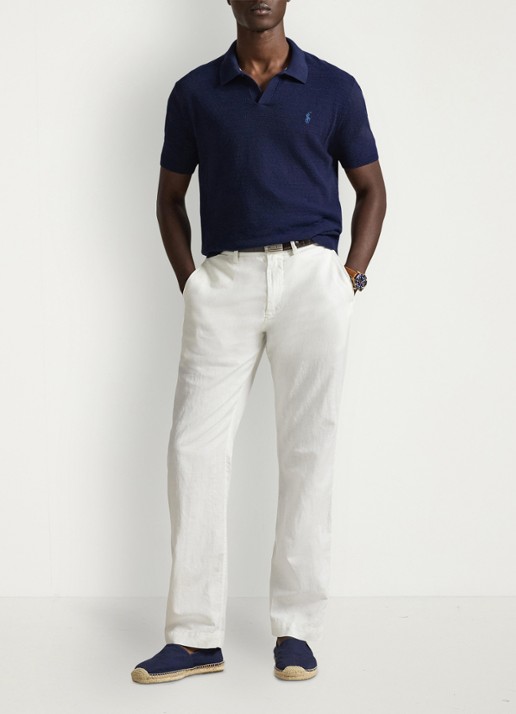 Ralph Lauren Slim fit fijngebreide polo in linnenblend - voorkant 3 bright navy/deckwash wht-zynp