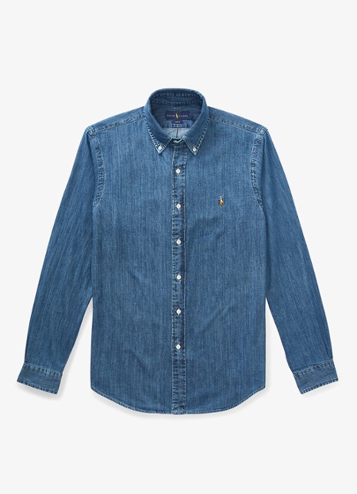 Ralph Lauren Slim fit overhemd van denim met logoborduring - voorkant 4 indigo