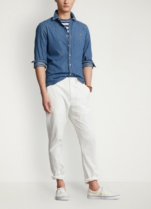 Ralph Lauren Slim fit overhemd van denim met logoborduring - voorkant 5 indigo
