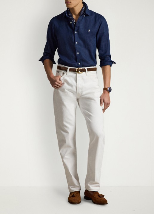 Ralph Lauren Slim fit overhemd van linnen met logoborduring - voorkant 2 newport navy / white / donkerblauw