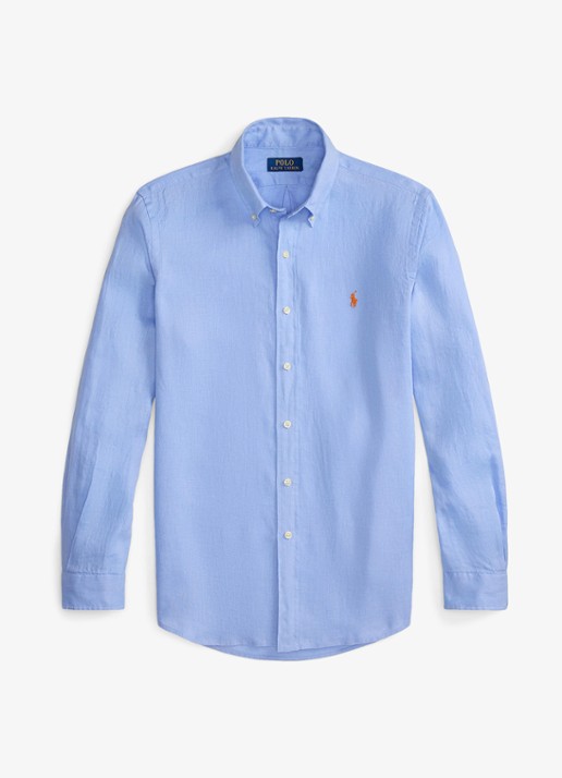 Ralph Lauren Slim fit overhemd van linnen met logoborduring - voorkant austin blue / blauw