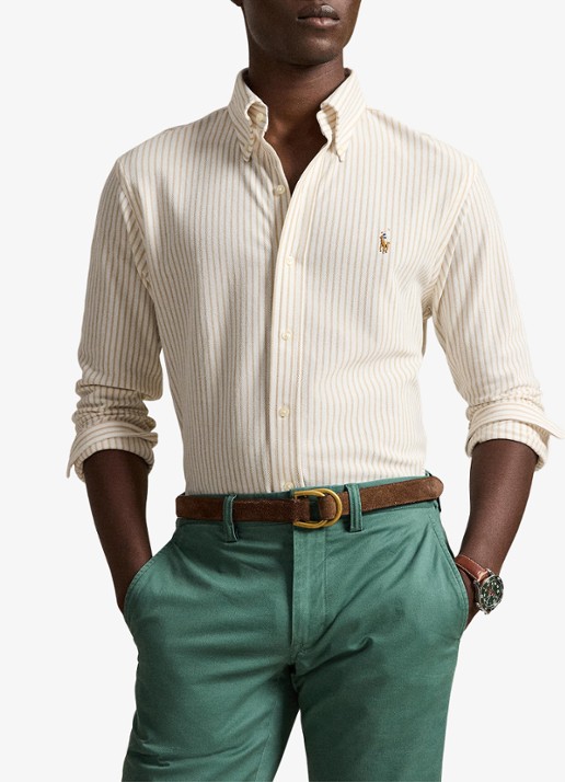 Ralph Lauren Slim fit Oxford overhemd met streepprint - voorkant 3 white/coastal beige / beige