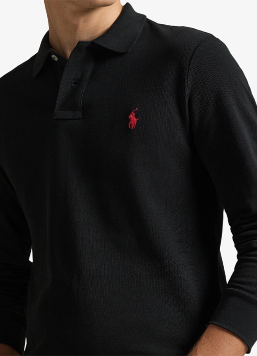 Ralph Lauren Slim fit polo van piqué katoen met lange mouw - detail 3 polo black / zwart