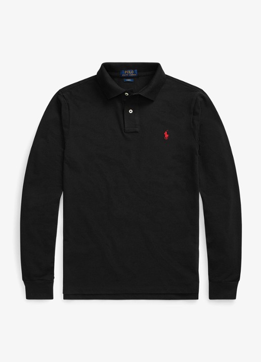 Ralph Lauren Slim fit polo van piqué katoen met lange mouw - voorkant 4 polo black / zwart