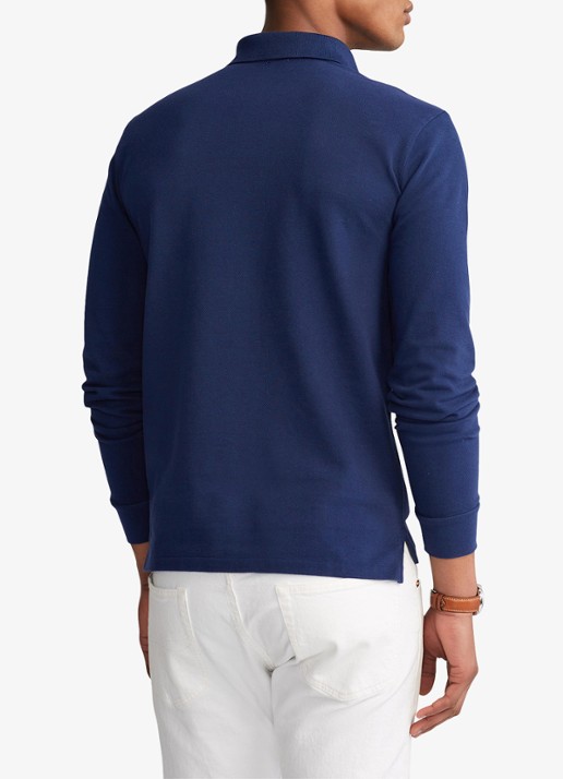 Ralph Lauren Slim fit polo van piqué katoen met lange mouw - achterkant newport navy / donkerblauw