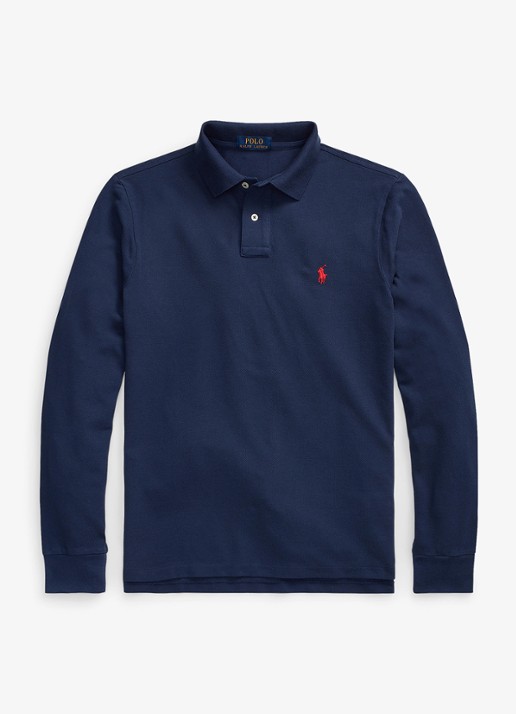 Ralph Lauren Slim fit polo van piqué katoen met lange mouw - voorkant 2 newport navy / donkerblauw