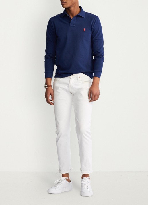 Ralph Lauren Slim fit polo van piqué katoen met lange mouw - voorkant 3 newport navy / donkerblauw