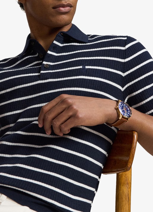Ralph Lauren Slim fit ribgebreide polo met streepprint - detail 3 navy white combo / donkerblauw