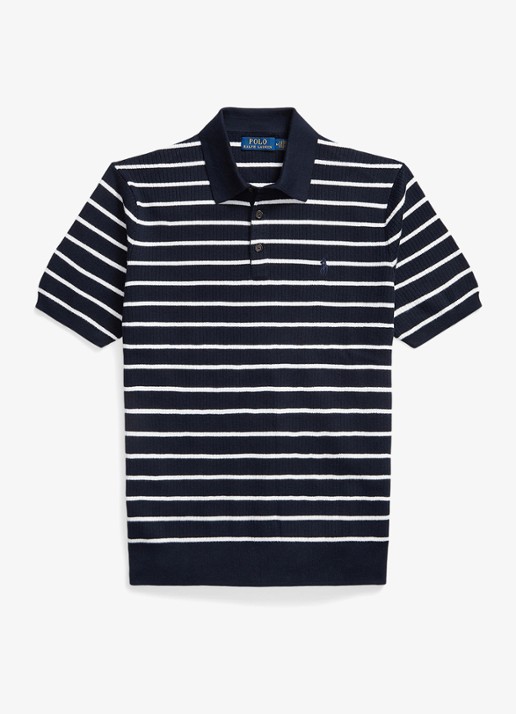 Ralph Lauren Slim fit ribgebreide polo met streepprint - voorkant 4 navy white combo / donkerblauw