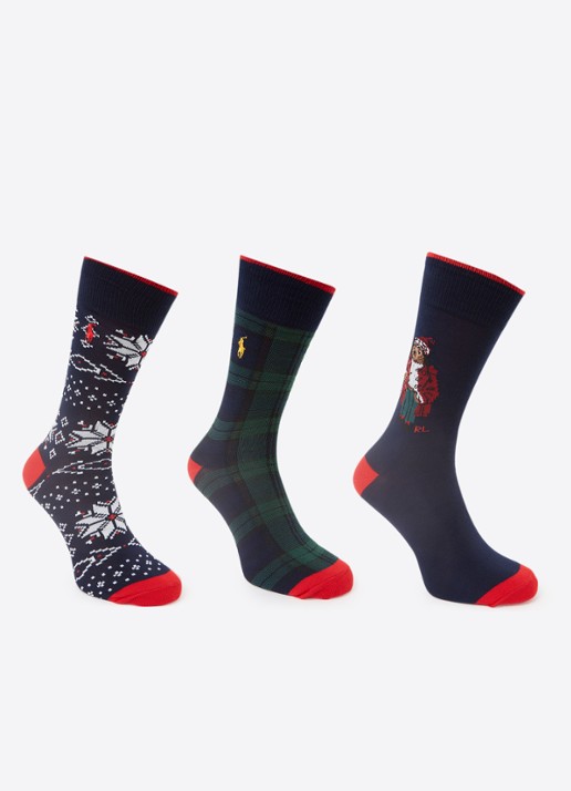 Ralph Lauren Sokken in katoenblend met print in 3-pack giftbox - voorkant donkerblauw