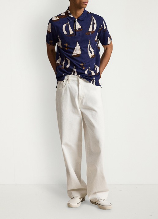 Ralph Lauren Standard fit polo in linnenblend met print - voorkant 5 nautical traverse / blauw