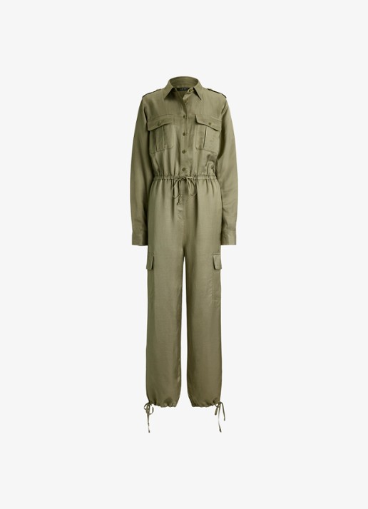 Ralph Lauren Tapered fit jumpsuit in linnenblend met strikceintuur - voorkant 4 light agave / groen