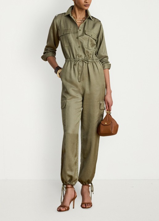 Ralph Lauren Tapered fit jumpsuit in linnenblend met strikceintuur - voorkant 5 light agave / groen