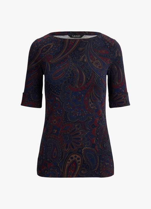 Ralph Lauren Top met paisley dessin en boothals - voorkant 4 navy multi / blauw