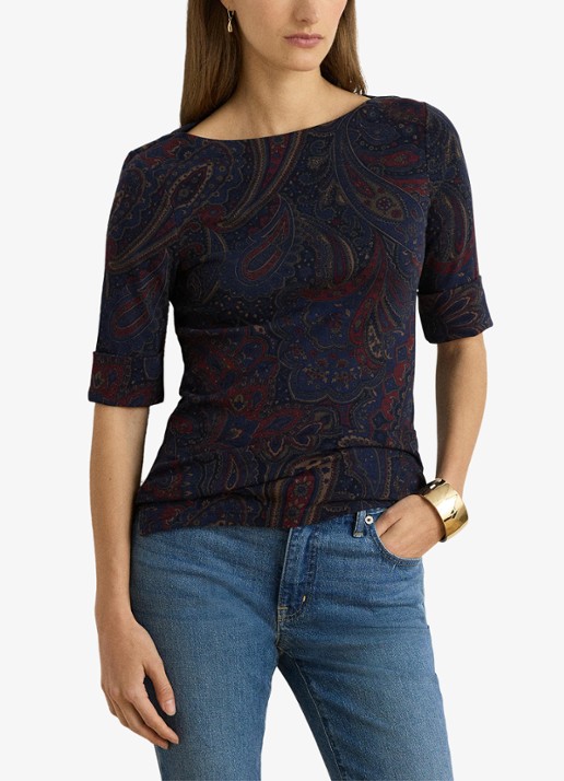 Ralph Lauren Top met paisley dessin en boothals - voorkant 5 navy multi / blauw