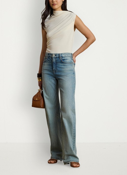 Ralph Lauren Top met plooidetail en assymetrische hals - voorkant 3 mascarpone crème / crème