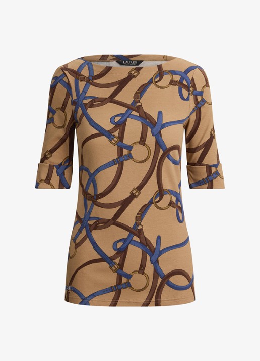 Ralph Lauren Top met print en boothals - voorkant 2 camel multi / beige