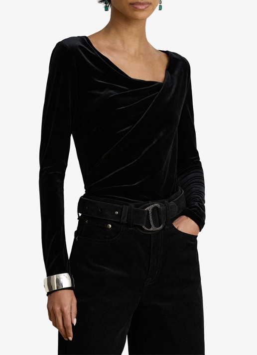 Ralph Lauren Top van fluweel met plooidetail en asymmetrische hals