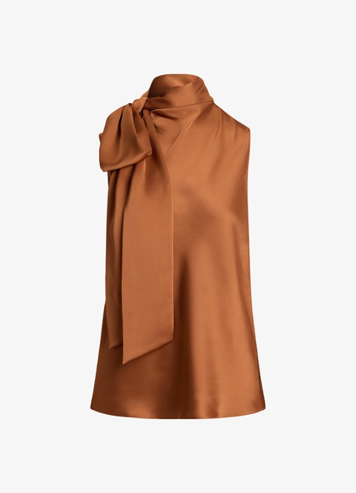 Ralph Lauren Top van satijn met sjaalkraag - voorkant red terracotta / rood