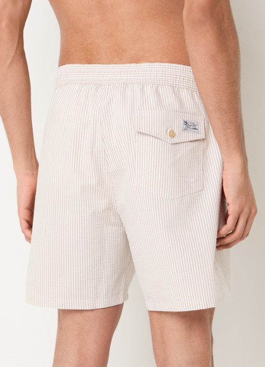 Ralph Lauren Traveler zwemshorts met streepprint en steekzakken - achterkant coastal beige seersucker / beige