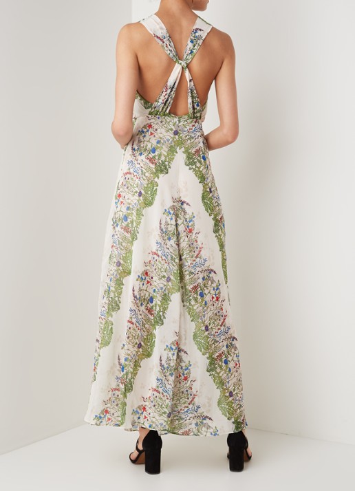 Rascalle maxi jurk met bloemenprint en V-hals - achterkant ivoor