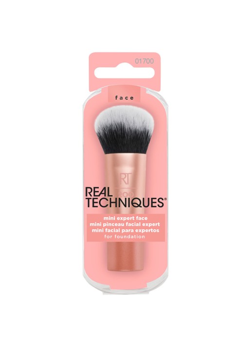 Real Techniques Mini Expert Face Brush - mini foundation- en poederkwast - voorkant 3 zalmroze