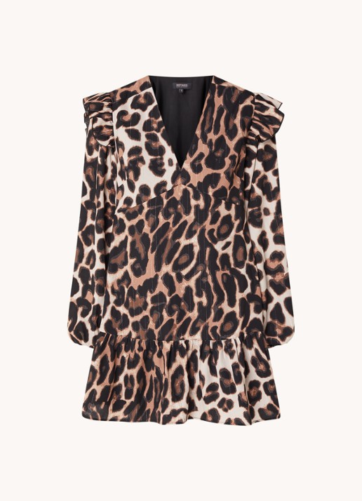 Refined Department Dolly mini jurk met volant en panterprint - voorkant bruin
