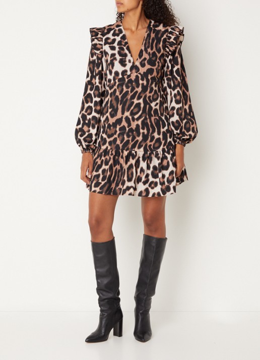 Refined Department Dolly mini jurk met volant en panterprint - voorkant 2 bruin