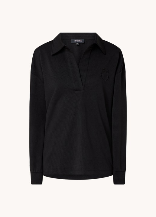 Refined Department Loes fijngebreide polo met logoborduring - voorkant 2 zwart