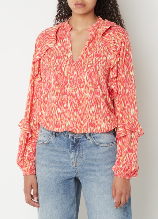 Refined Department Roma blouse met V-hals en ruches  - detail 3 koraalroze