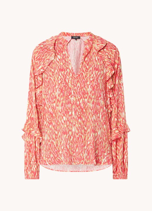 Refined Department Roma blouse met V-hals en ruches  - voorkant koraalroze