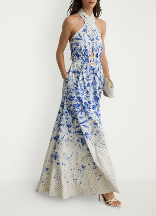 Reiss Amaya maxi jurk met bloemenprint - voorkant 2 blauw