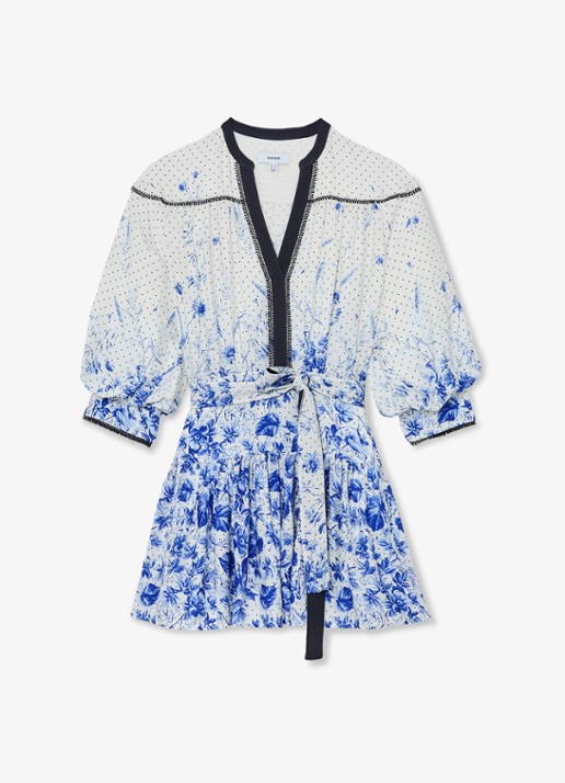 Reiss Anisa mini jurk met strikceintuur en bloemenprint - voorkant 2 blauw