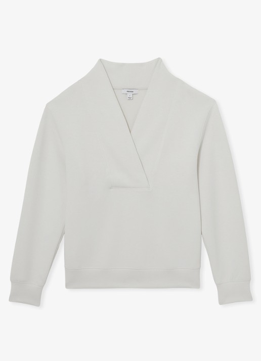 Reiss ANNABEL Premium Interlock Shawl-Neck Sweatshirt with Modal - voorkant 2 wit
